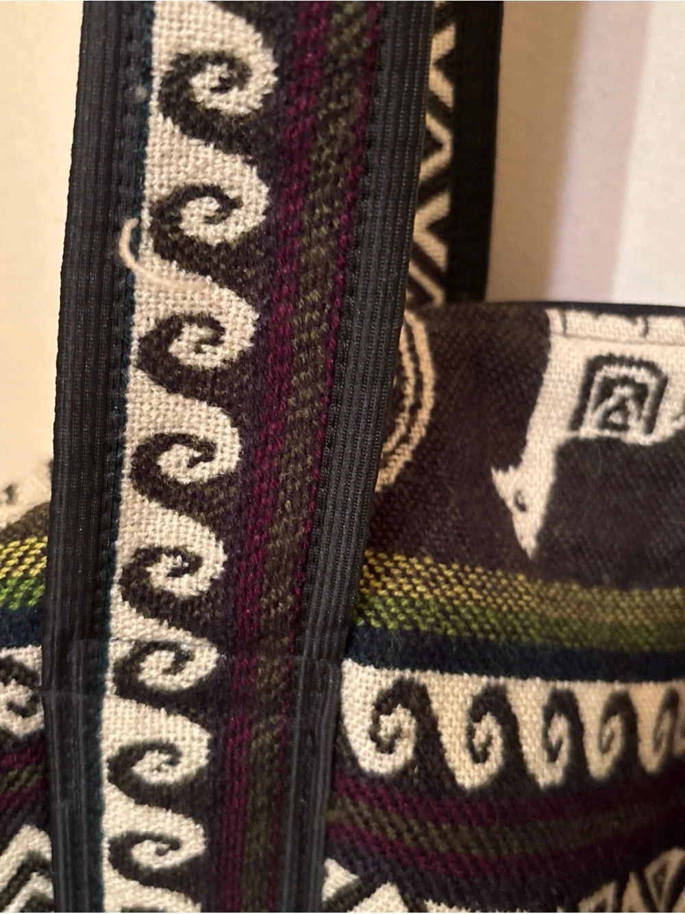 Indigenous Tribal Print Duffel Bag - Black, Cream & Burgundy with animal/lamas.